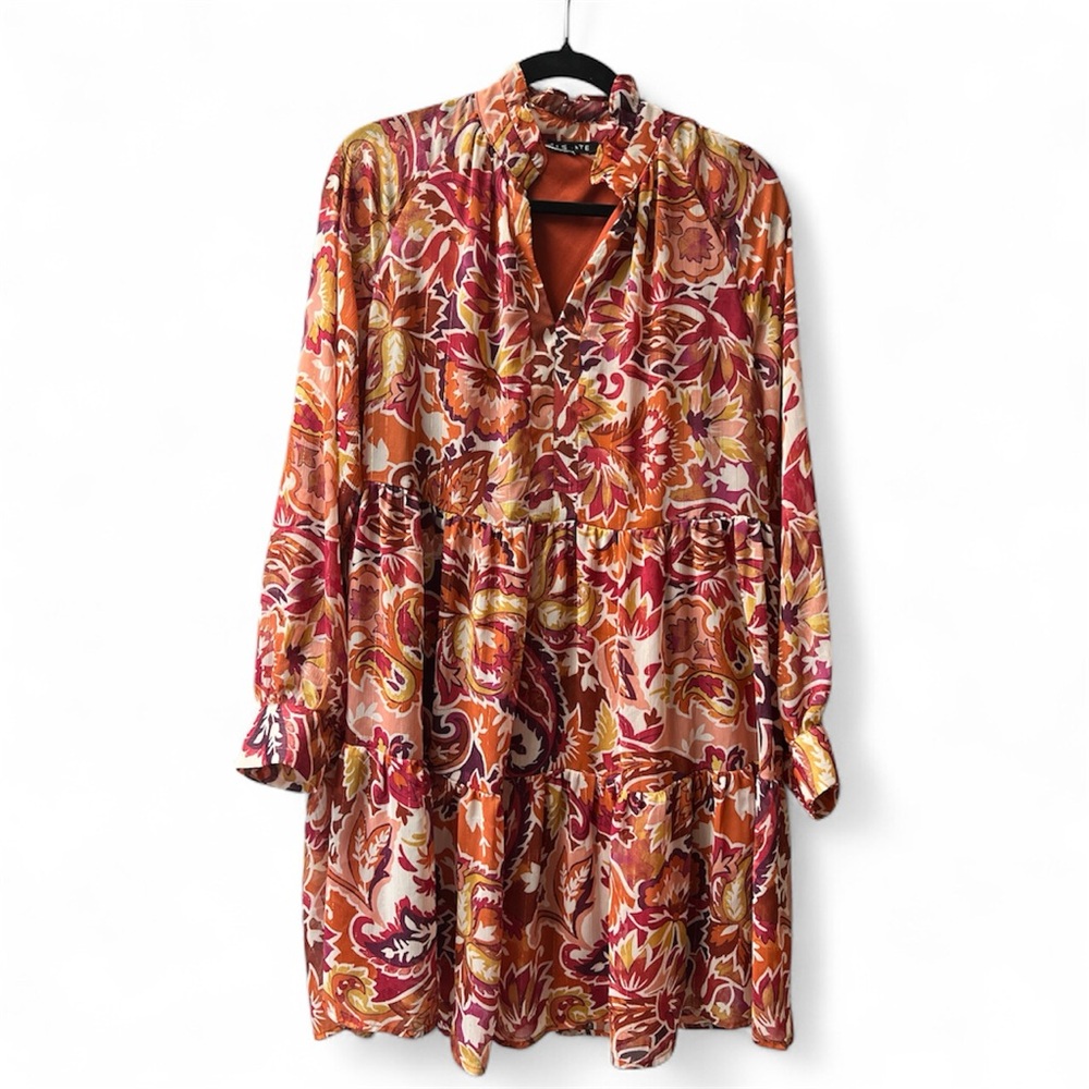 1.STATE Metallic Floral Tiered Mini Dress Size L | Ruffle Neck Sheer Long Sleeve - Picture 5 of 9